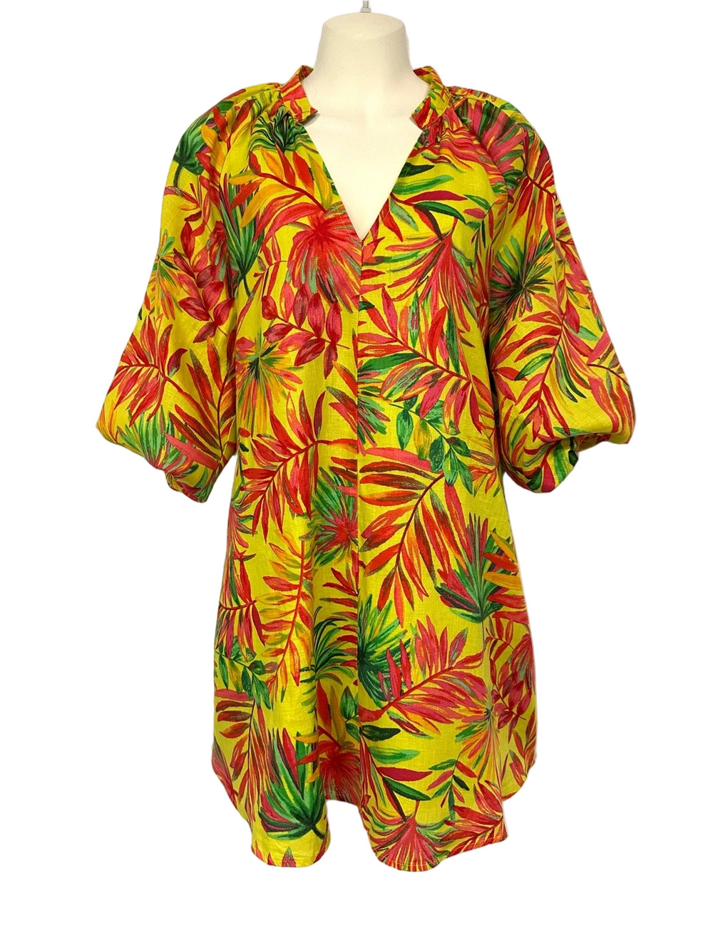 Magaschoni Linen Tropical Print Dress Puff Sleeve VNeck Medium Luxury Maximalist